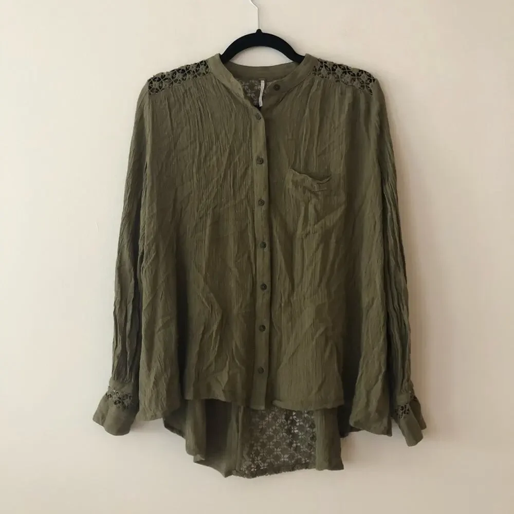 Free People The Best Crochet Back Olive Green Button Up Blouse